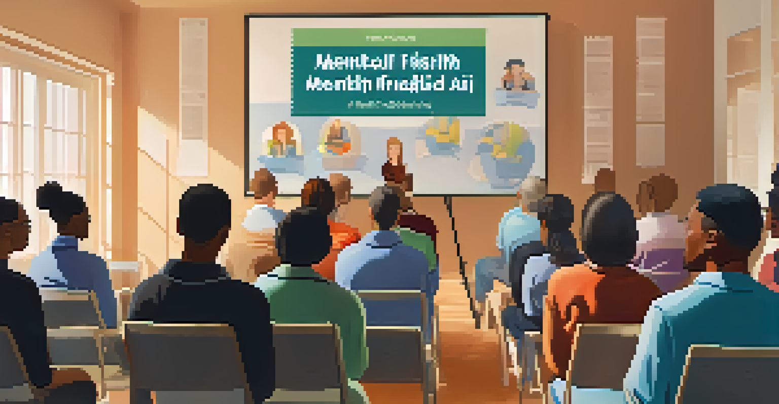 Participants in a mental health first aid training session, focusing on a trainer with educational materials in the background.