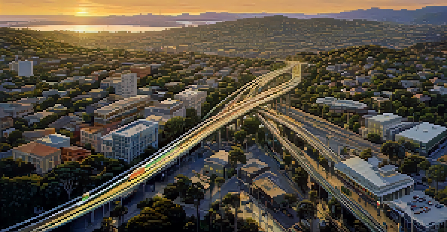 Aerial view of the Bay Area showing transit systems, buses, and light rail lines at sunset.