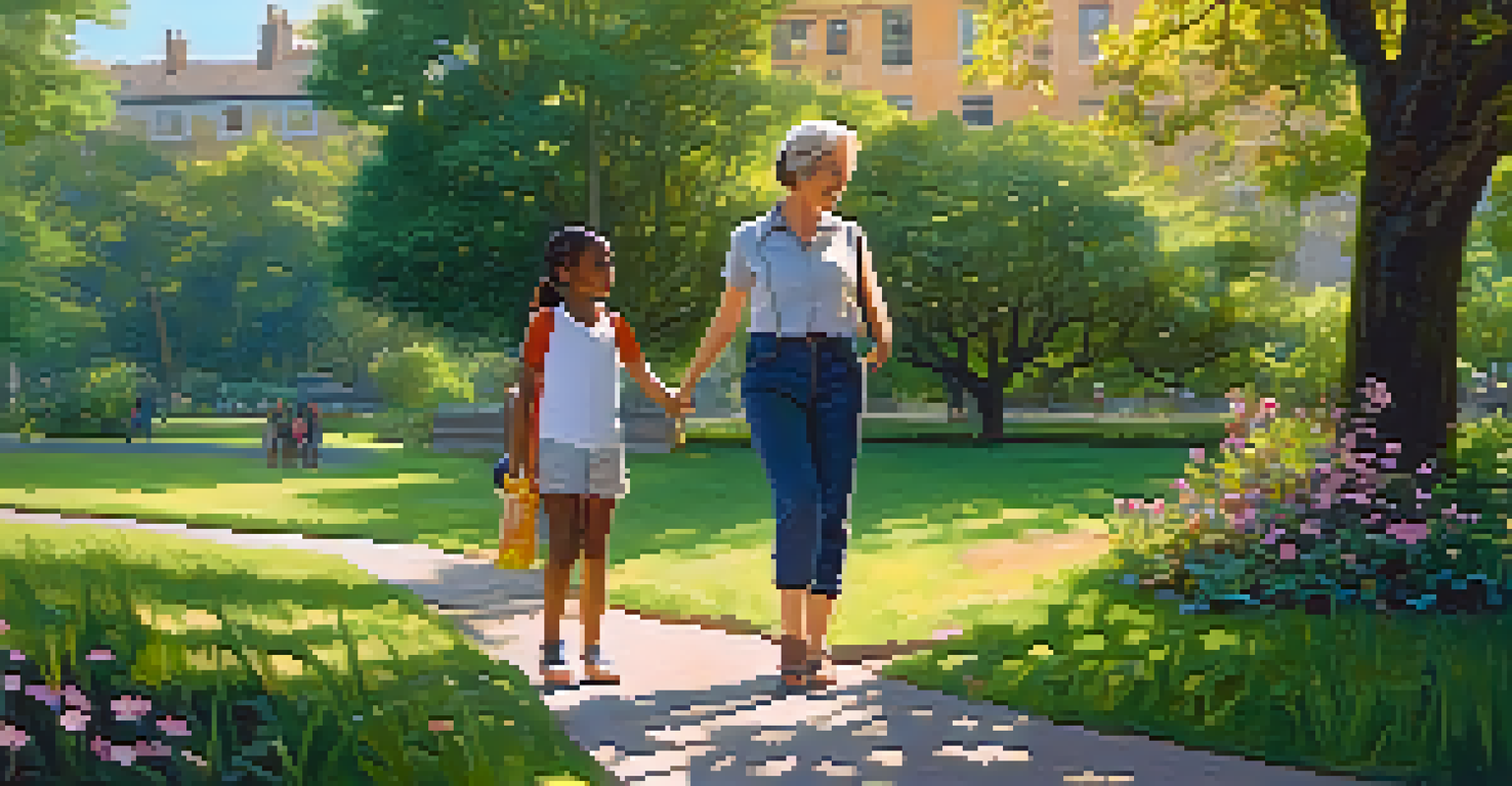 A mentor and young mentee walking in a park, pointing at a bird in a tree, surrounded by greenery and flowers.