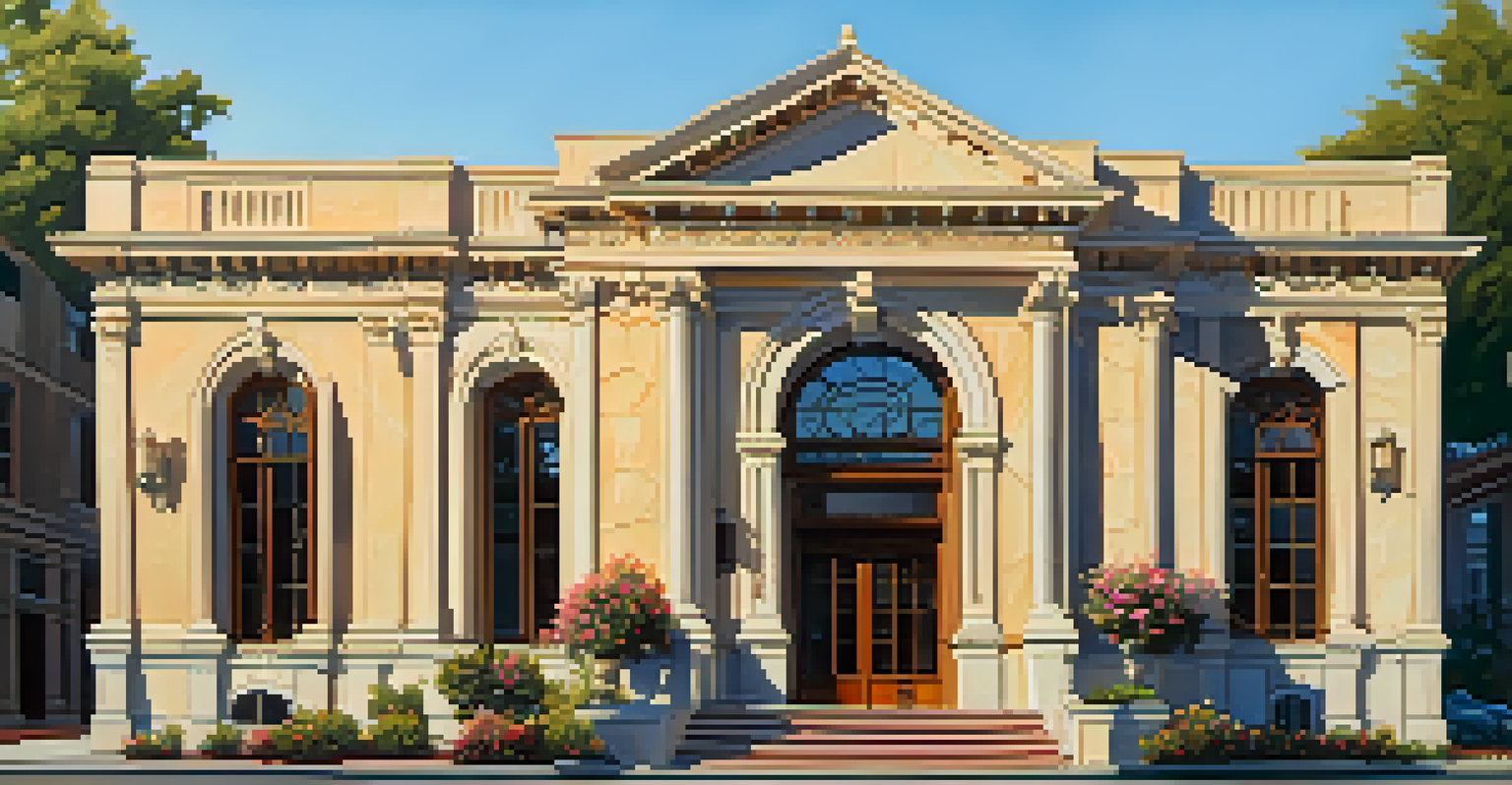 A restored historic landmark in San Jose with intricate architectural details and blooming flowers in front during golden hour.