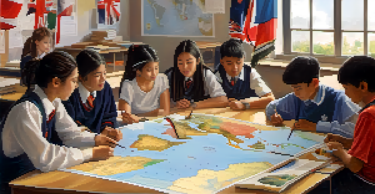A multicultural classroom with students from various countries working together on a project, surrounded by maps and flags.