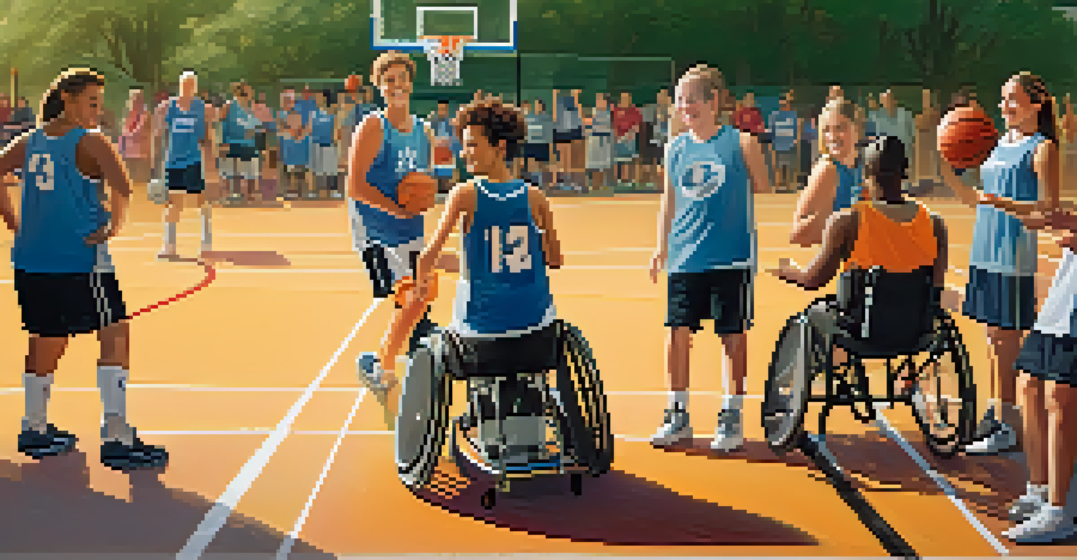 An athlete in a wheelchair playing basketball at an inclusive sports event, with supportive teammates and volunteers around.