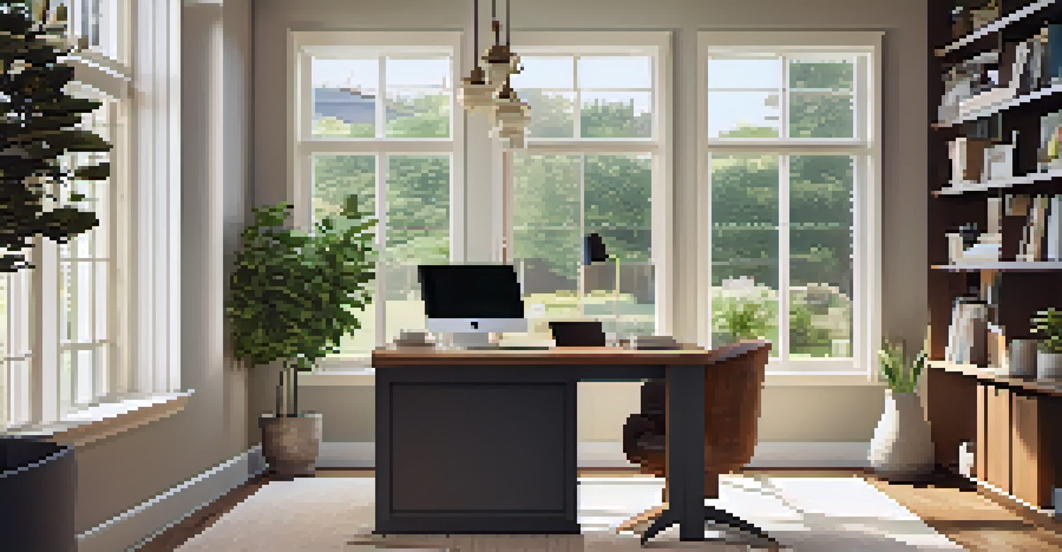 A modern home office with a stylish desk, laptop, and plants, illuminated by natural light, creating a warm and inviting workspace.
