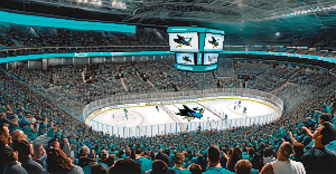 A lively hockey game atmosphere at the SAP Center with fans in teal, bright arena lights, and players on the ice.
