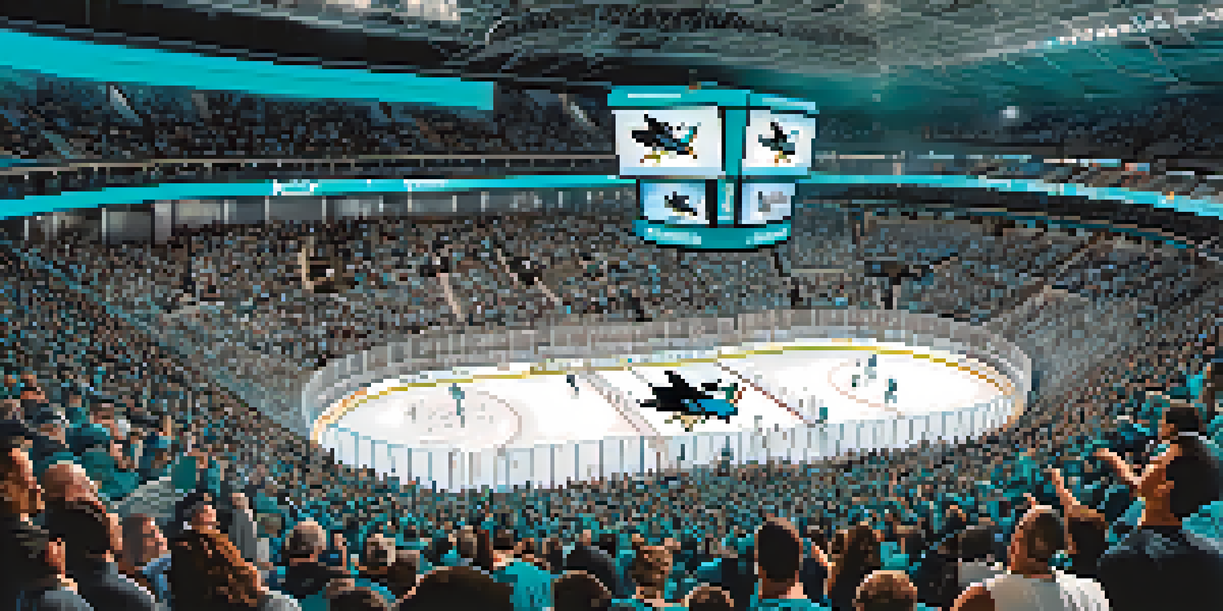 A lively hockey game atmosphere at the SAP Center with fans in teal, bright arena lights, and players on the ice.