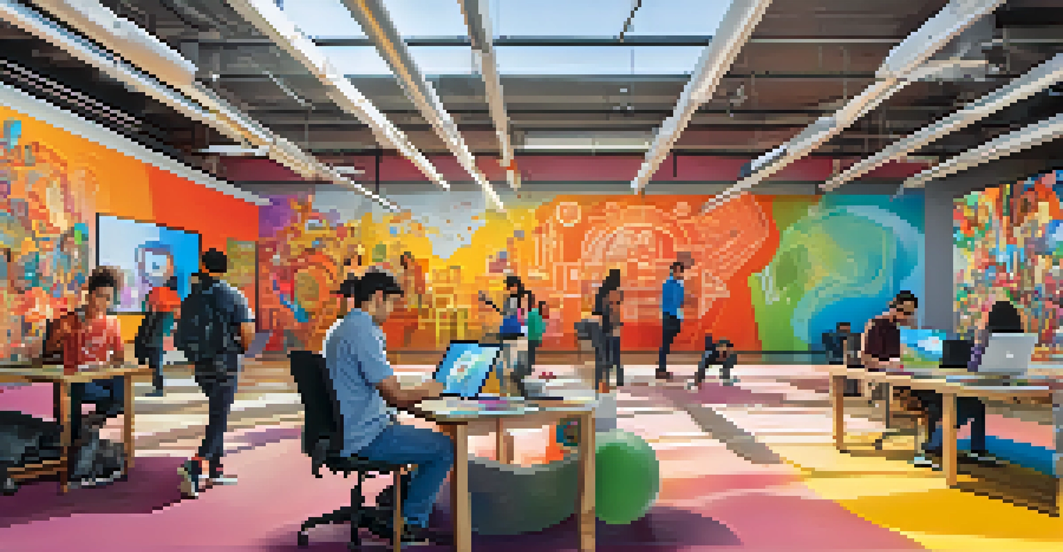 Adobe headquarters in San Jose surrounded by colorful murals, with artists collaborating on digital designs in the foreground.