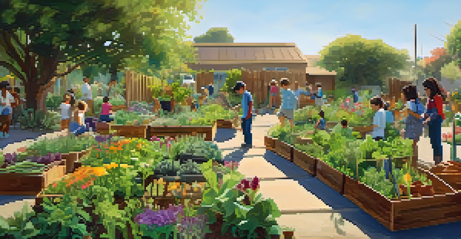 A vibrant community garden with young advocates learning about biodiversity and harvesting vegetables, surrounded by lush plants and flowers in warm sunlight.