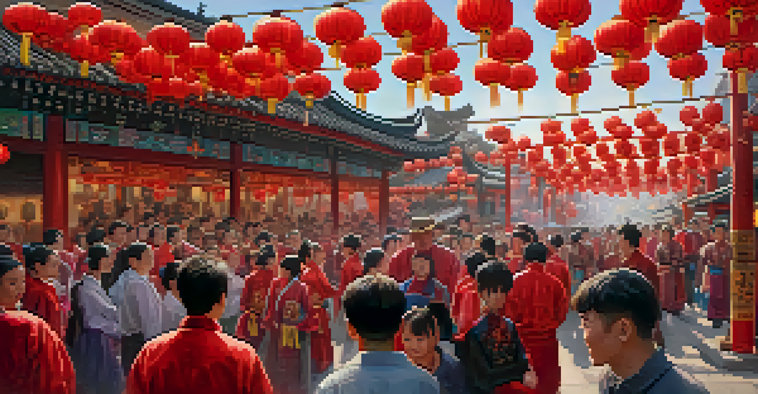A colorful parade with lion dancers, traditional costumes, and festive decorations during the Lunar New Year Festival.