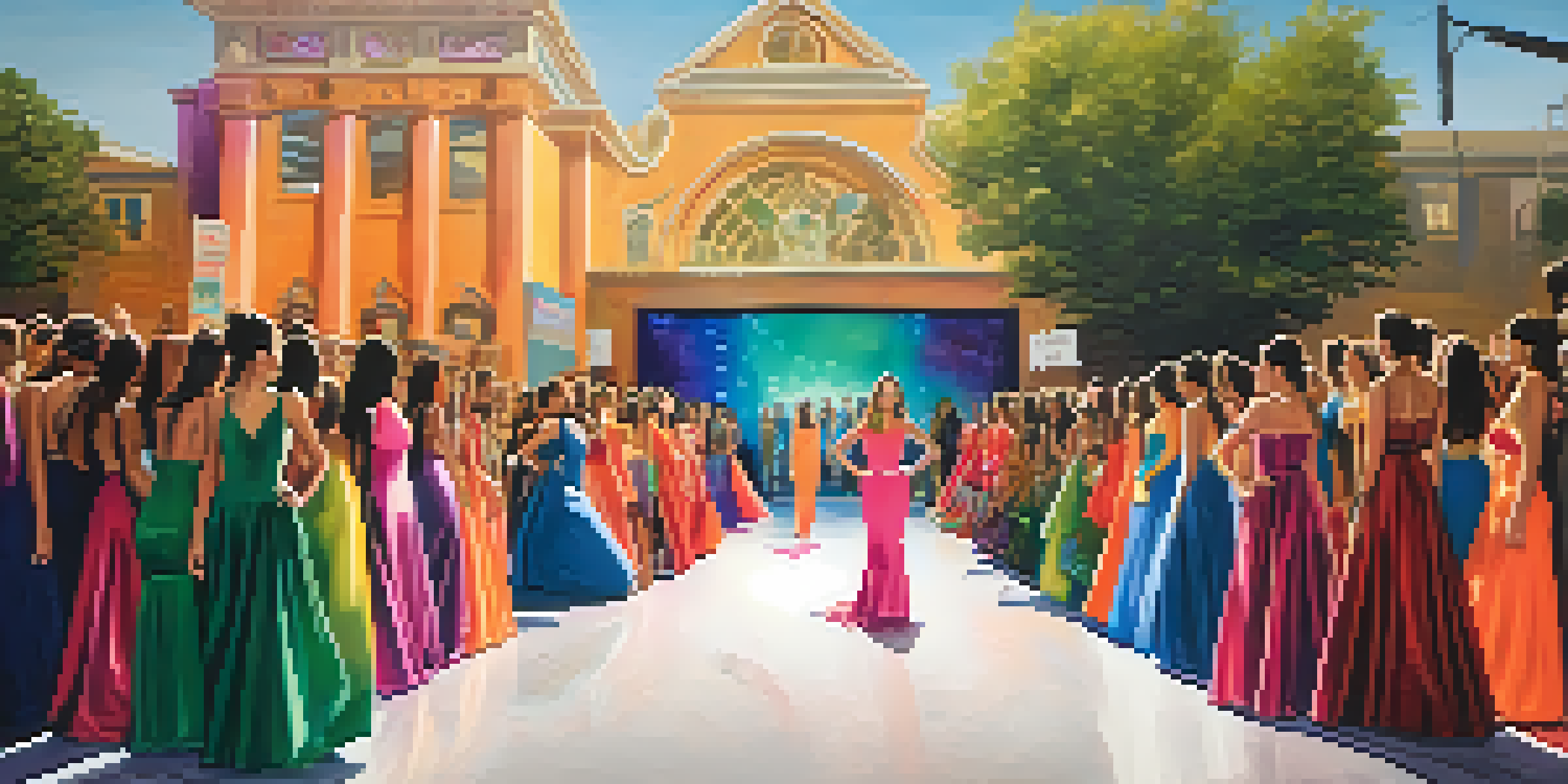 A lively fashion show in San Jose with diverse models wearing sustainable clothing, colorful lights, and a mural in the background.