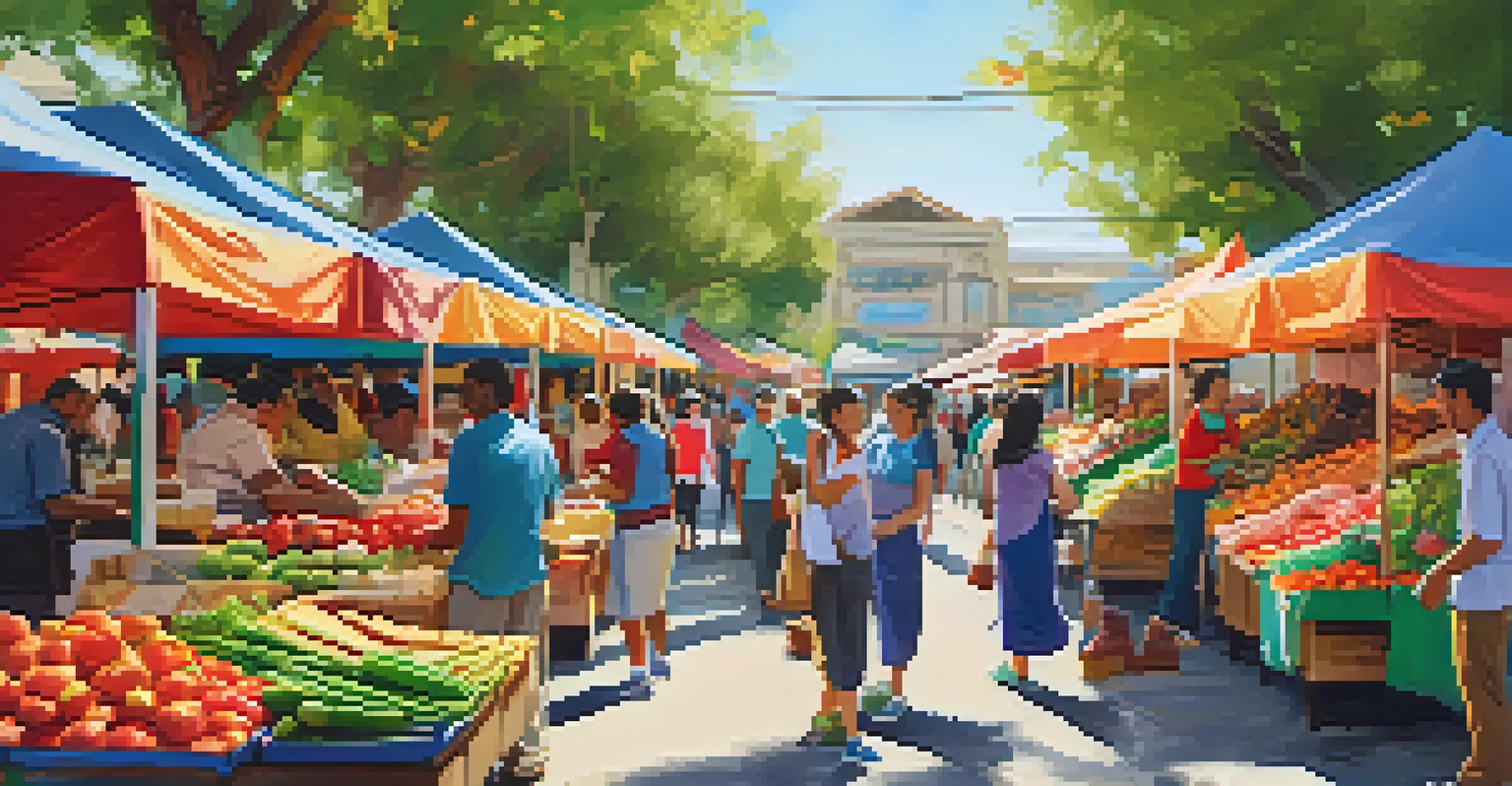 A local market in San Jose with small businesses and food stalls, showcasing vibrant produce and handmade goods, with diverse people shopping.