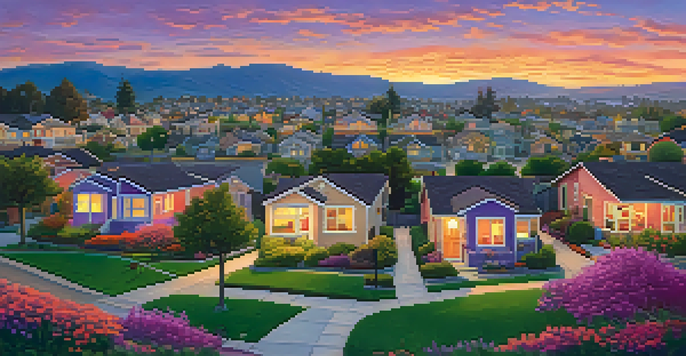 A scenic view of a suburban neighborhood in San Jose at sunset, with diverse homes and families enjoying outdoor activities.