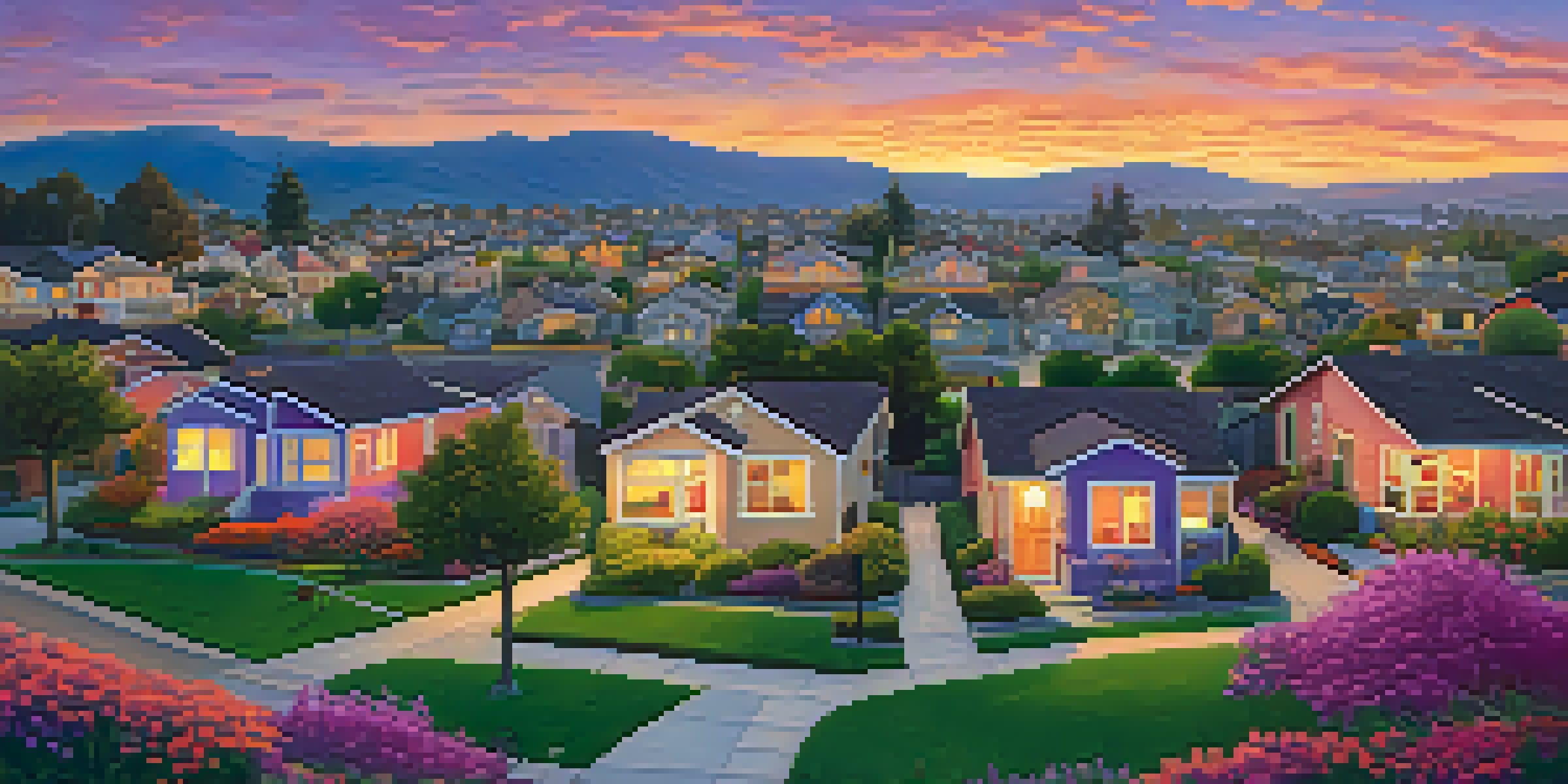 A scenic view of a suburban neighborhood in San Jose at sunset, with diverse homes and families enjoying outdoor activities.