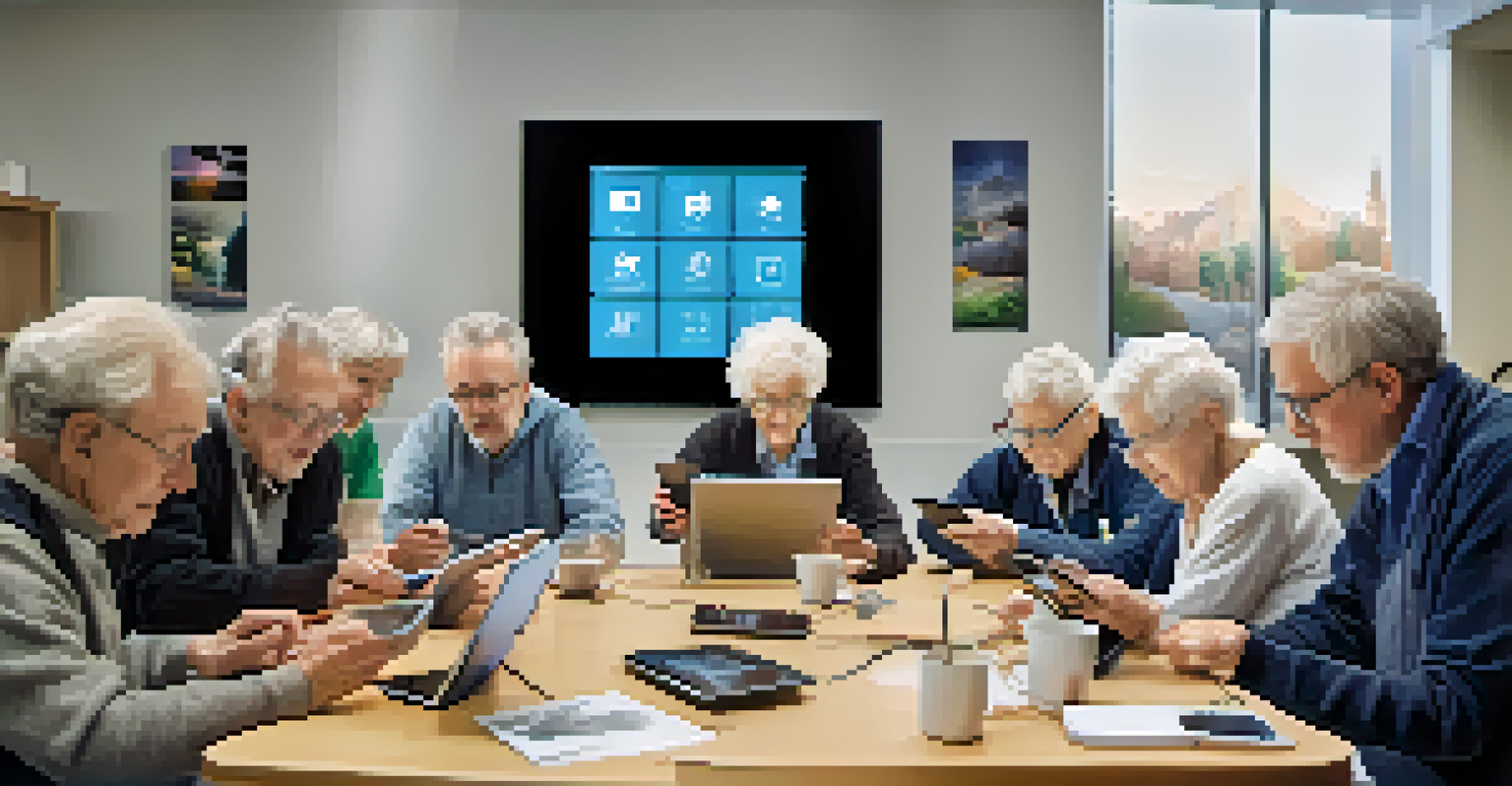 Seniors participating in a technology workshop, learning to use tablets and smartphones, highlighting engagement and learning.