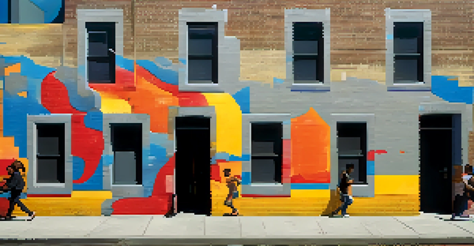 A colorful mural on a city street depicting diverse individuals, symbolizing community unity, with sunlight creating soft shadows.