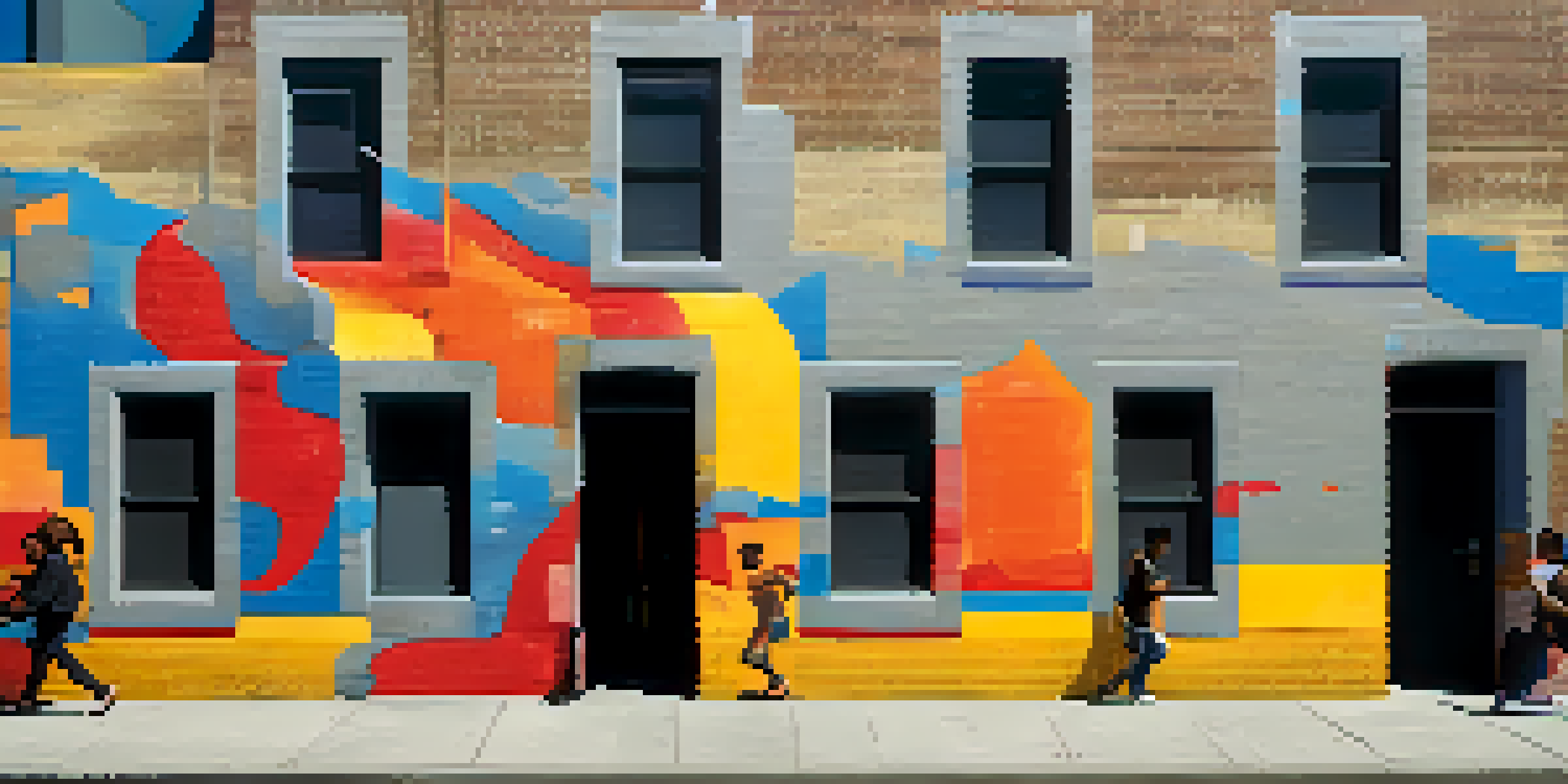 A colorful mural on a city street depicting diverse individuals, symbolizing community unity, with sunlight creating soft shadows.