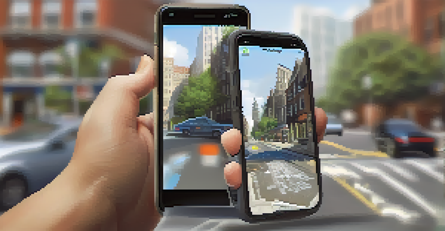 A smartphone displaying an app for reporting city issues, with an urban street blurred in the background.