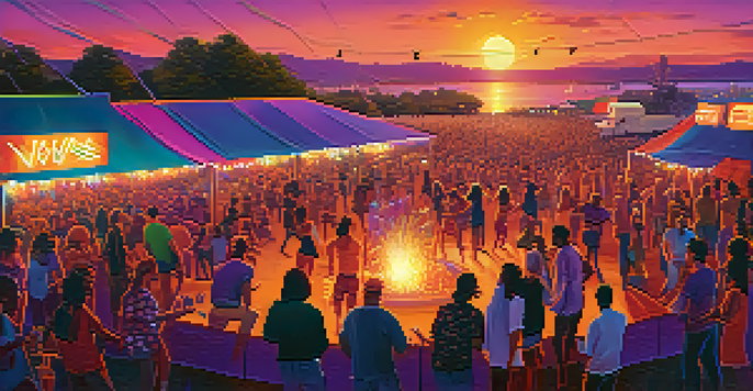 A lively outdoor music festival at sunset with a diverse crowd dancing, a large illuminated stage, food trucks, and colorful art installations in the background.