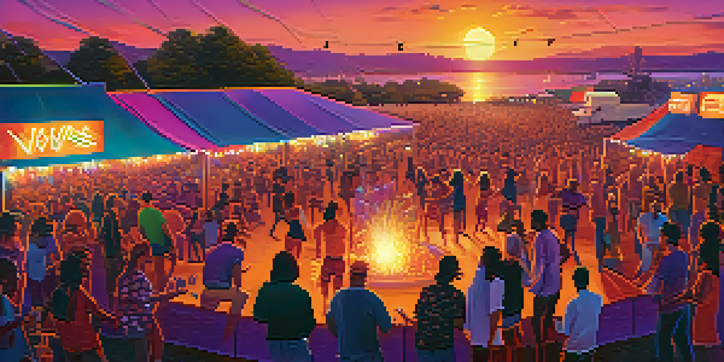 A lively outdoor music festival at sunset with a diverse crowd dancing, a large illuminated stage, food trucks, and colorful art installations in the background.