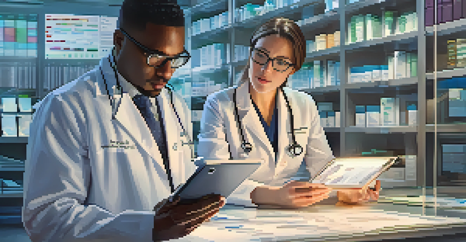 A healthcare provider and a biotech researcher discussing data over a tablet, emphasizing collaboration in a well-lit office filled with medical resources.
