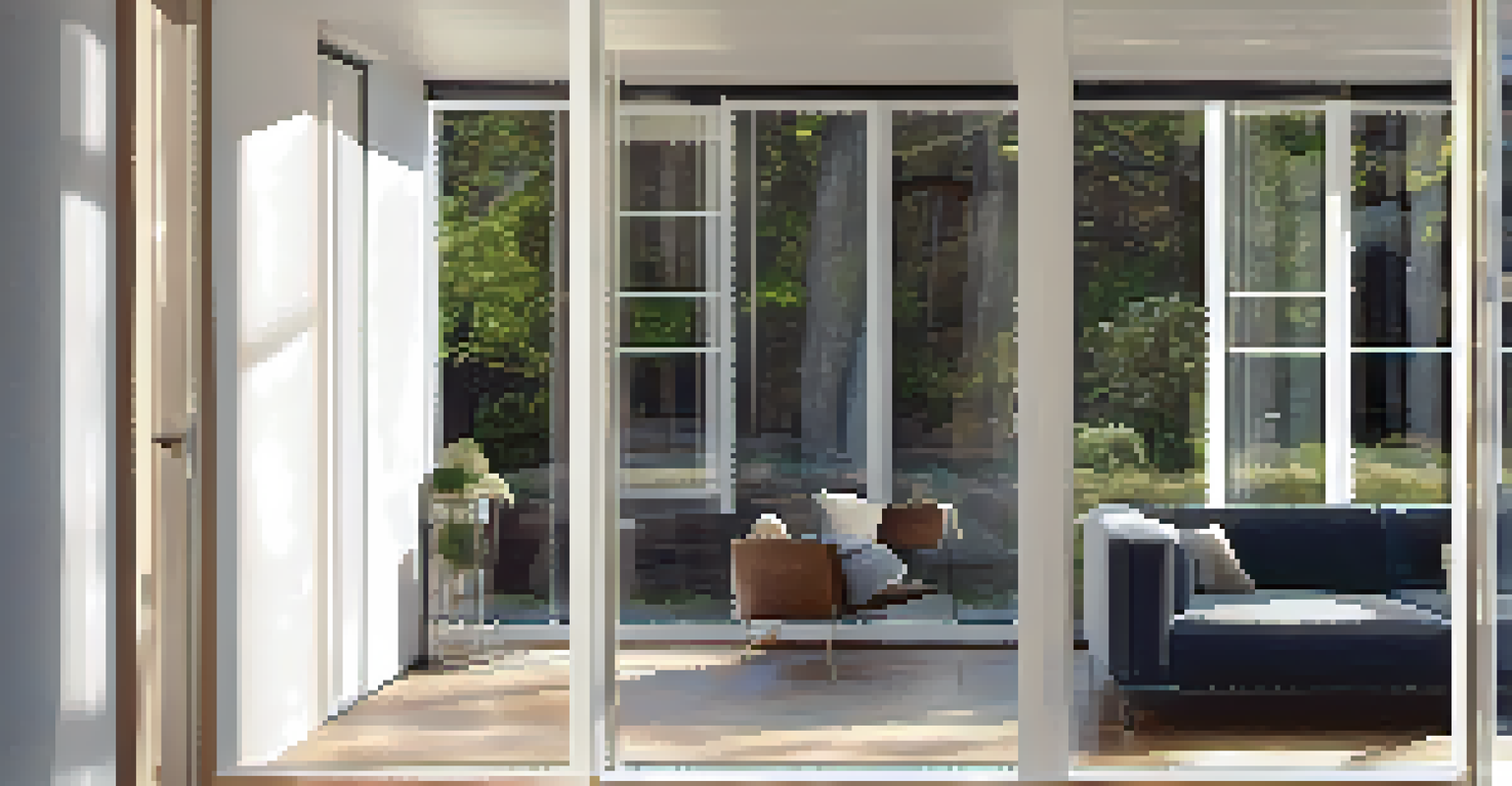 Close-up of energy-efficient windows with stylish frames and sunlight filtering through.