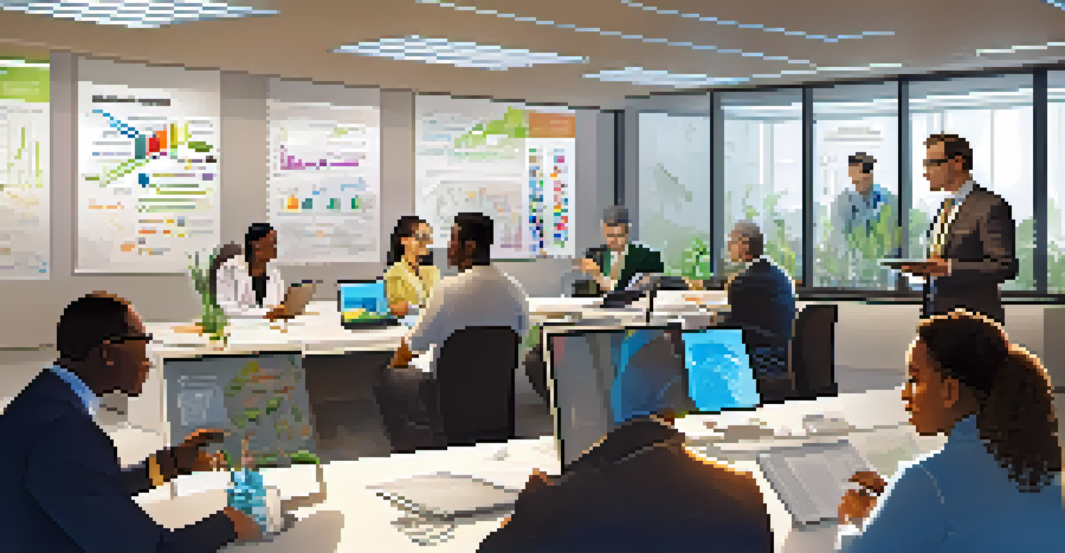 Diverse biotech professionals collaborating around a conference table filled with laptops and biological samples in a warm, inviting office.