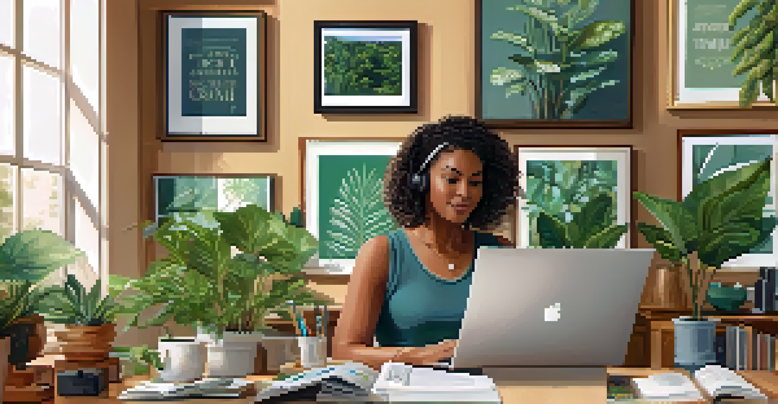 A serene home office with an advocate working on a laptop, surrounded by plants and advocacy materials, conveying dedication and positive change.