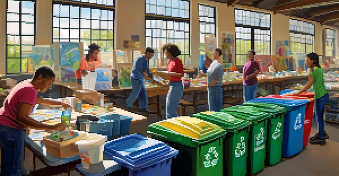 A diverse group of residents participating in a community workshop focused on recycling education, with colorful posters and sorting activities.