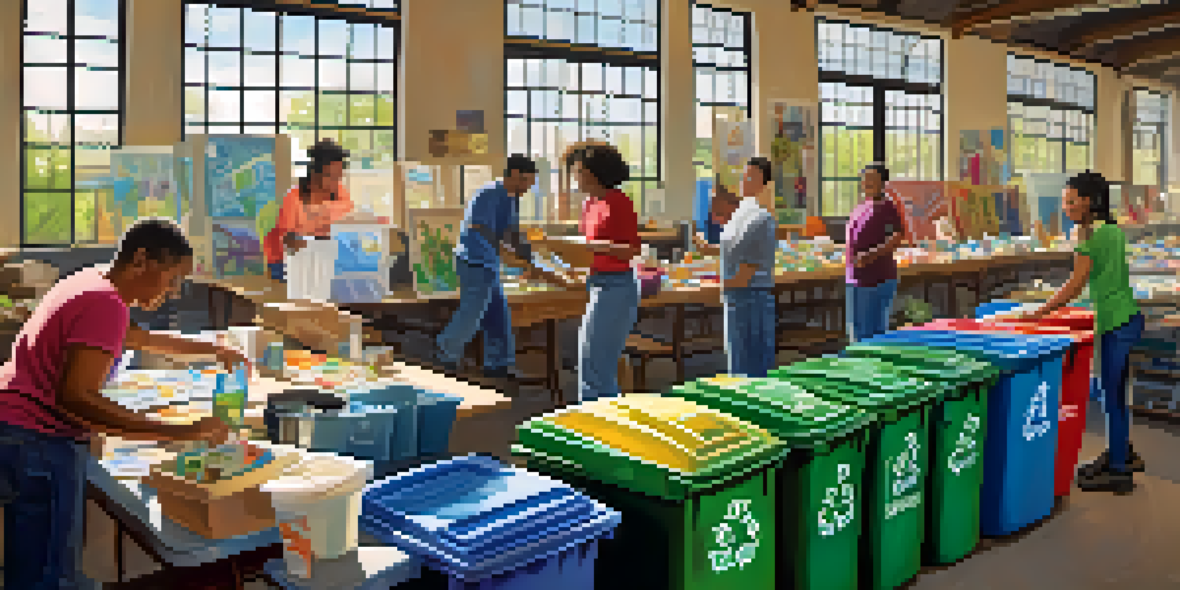 A diverse group of residents participating in a community workshop focused on recycling education, with colorful posters and sorting activities.