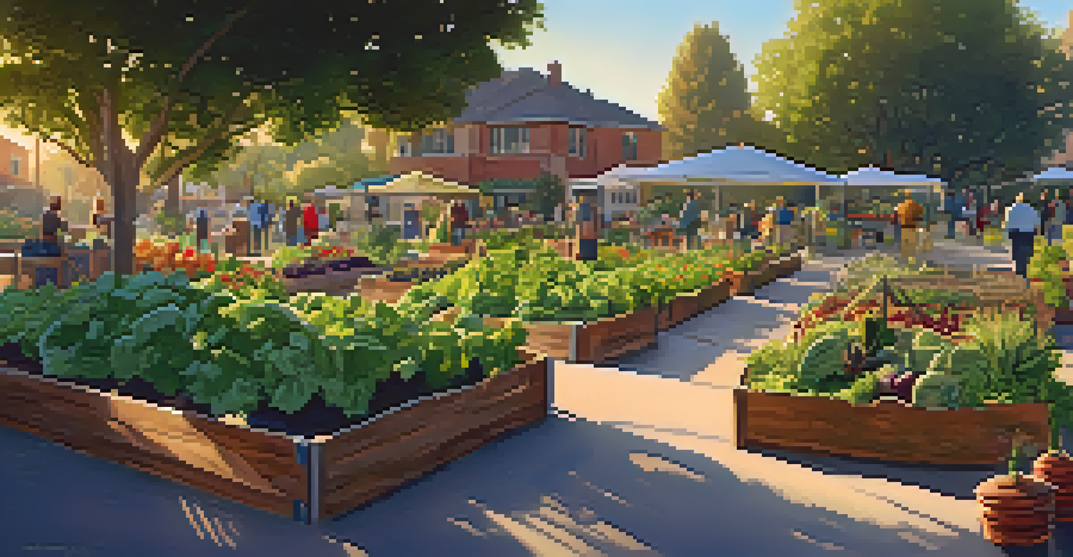 Neighbors enjoying a potluck meal in a community garden, surrounded by lush plants and warm evening light.
