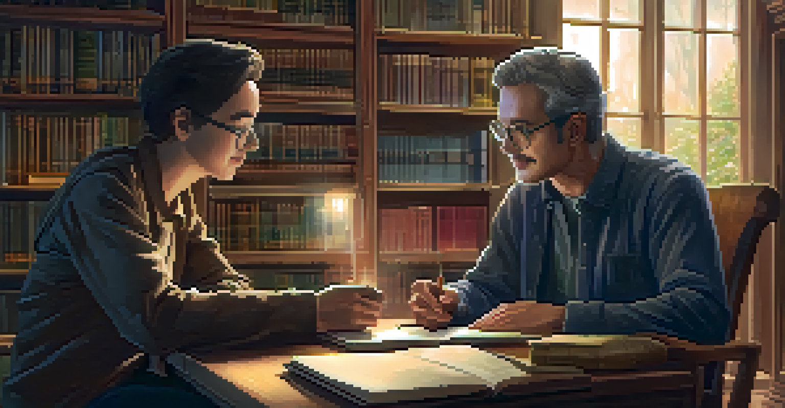 A mentor and mentee engaged in a discussion at a cozy library filled with books.