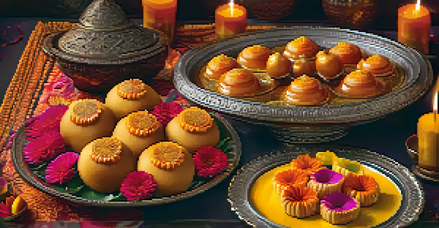 A platter of traditional Diwali sweets like gulab jamun and jalebi, surrounded by marigold flowers and diyas, with warm lighting highlighting their colors.
