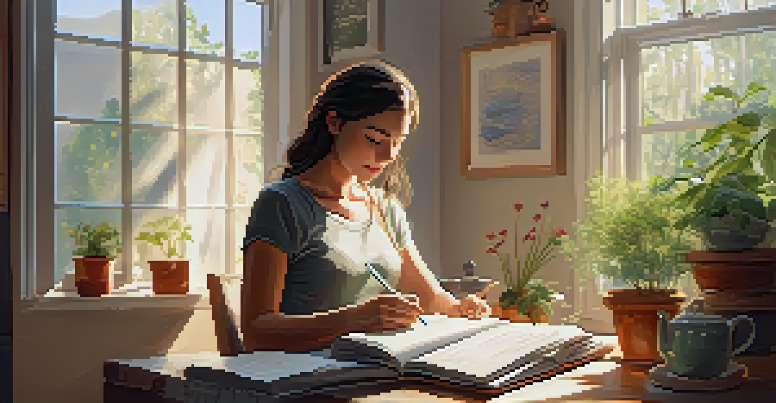 A person in a cozy room practicing self-care by writing in a journal, with a cup of tea and plants around them, illuminated by natural light.