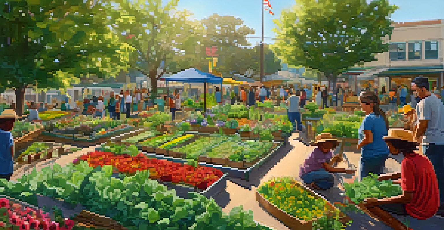 A community garden where diverse residents are planting flowers and vegetables together in a sunlit setting.