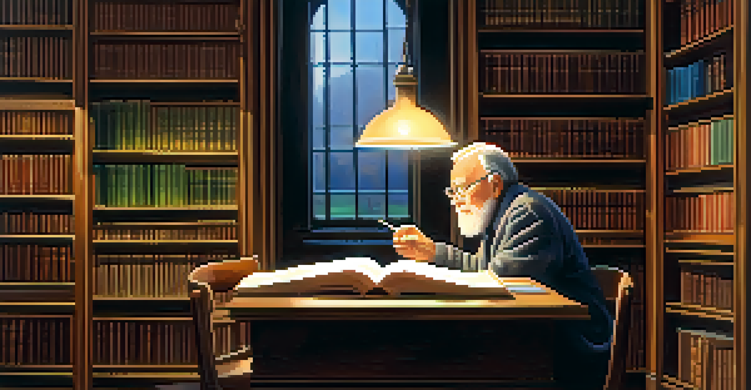 An elderly man reading with a young volunteer in a cozy library filled with books.