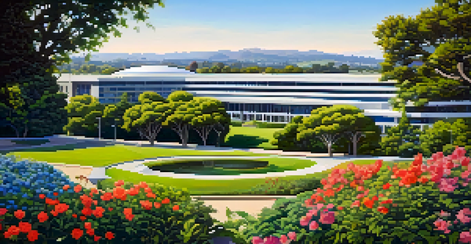 A wide view of NASA Ames Research Center with modern buildings surrounded by greenery and colorful flowers under a clear sky.