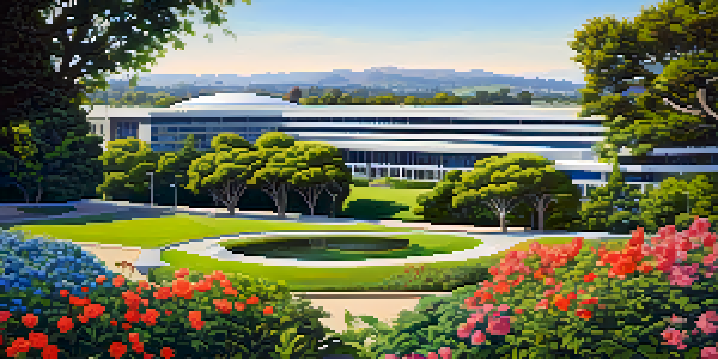 A wide view of NASA Ames Research Center with modern buildings surrounded by greenery and colorful flowers under a clear sky.