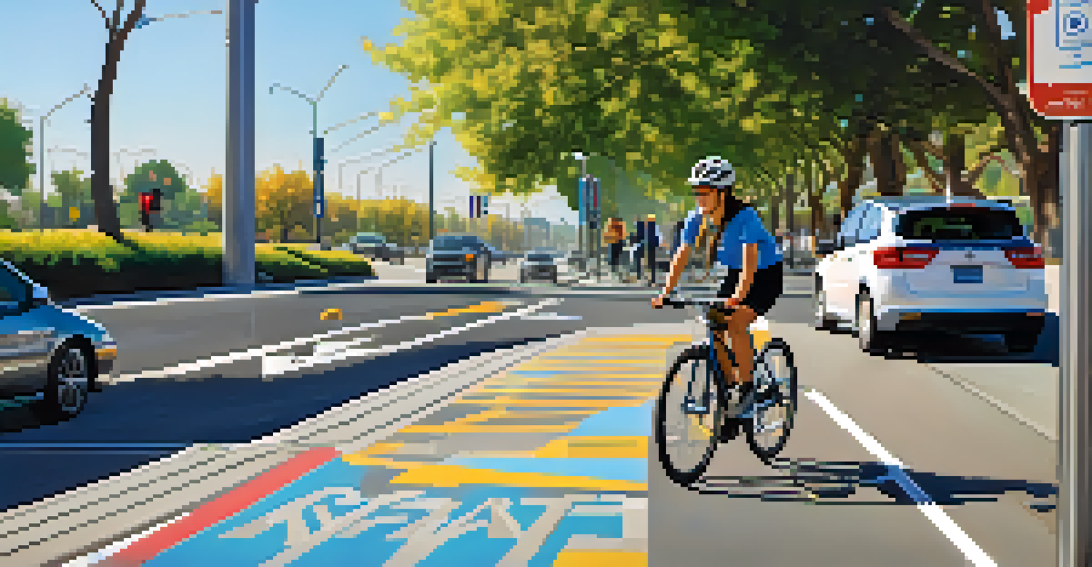 A cyclist riding in a dedicated bike lane in San Jose with bike-sharing stations and EV charging points in the background. The scene is bright and sunny.