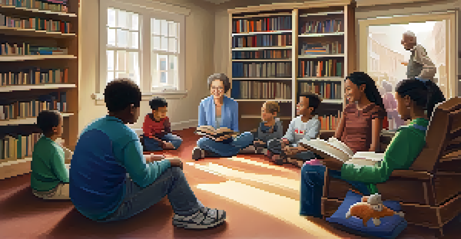 An older woman sharing stories with children and young adults in a cozy community center setting.