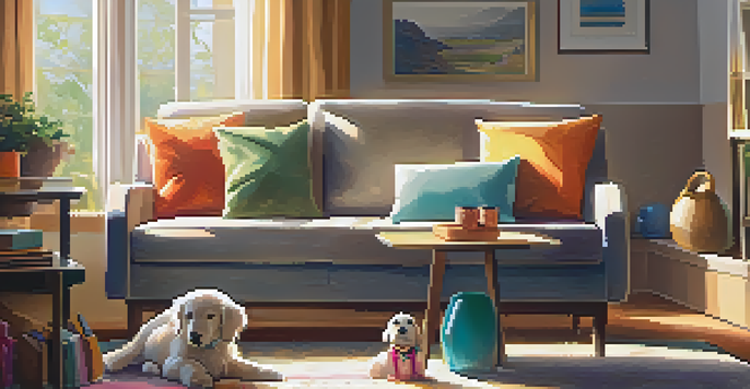 A foster caregiver petting a shy dog in a cozy living room filled with sunlight and colorful cushions.