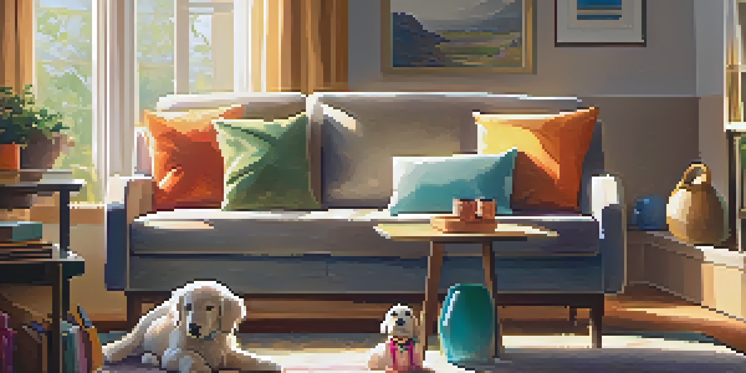 A foster caregiver petting a shy dog in a cozy living room filled with sunlight and colorful cushions.