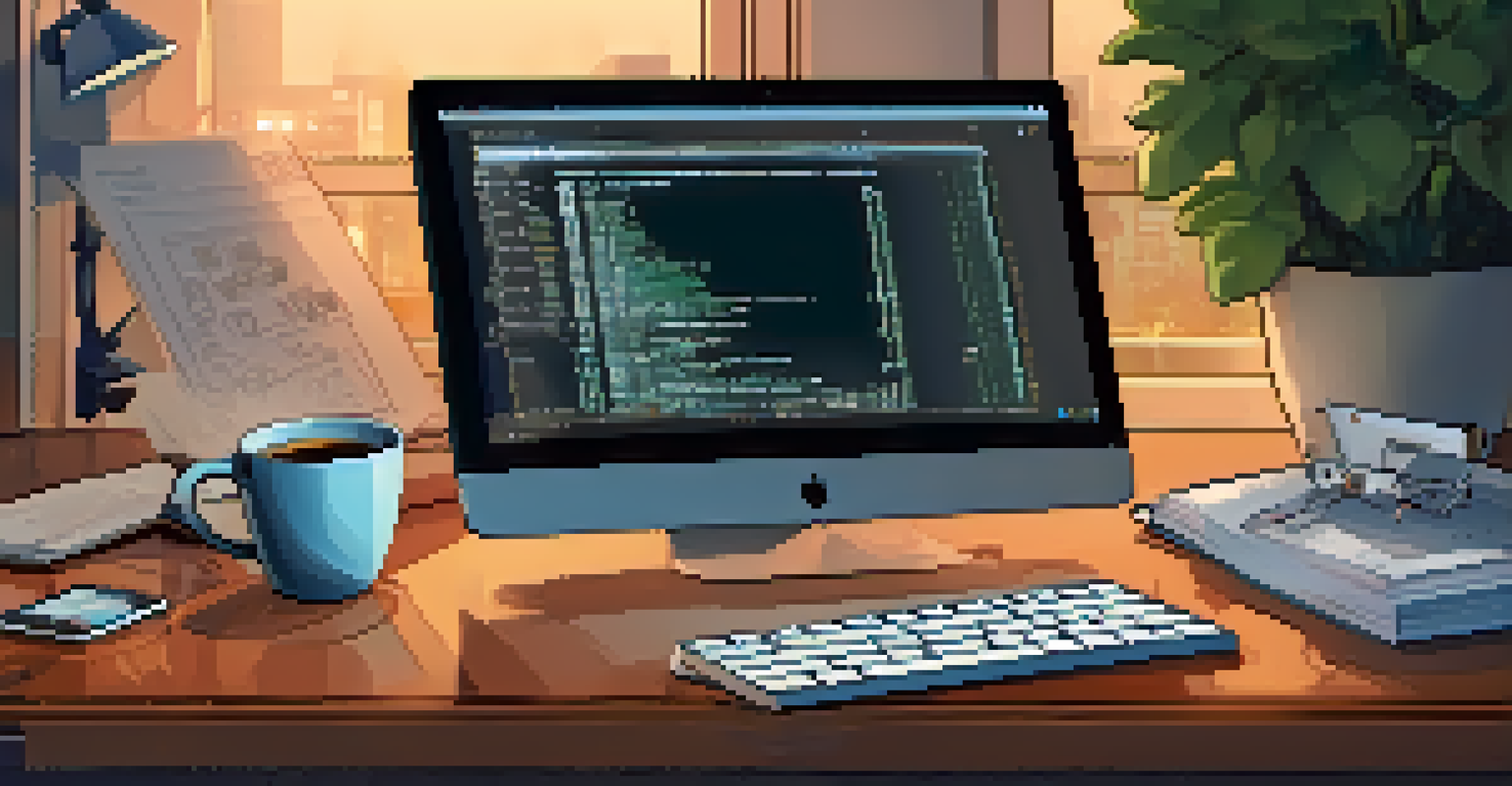 A close-up of a computer screen with coding software and hands typing.