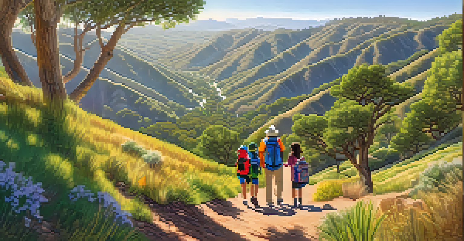 A family hiking in Alum Rock Park along a rugged trail with children pointing at wildlife.
