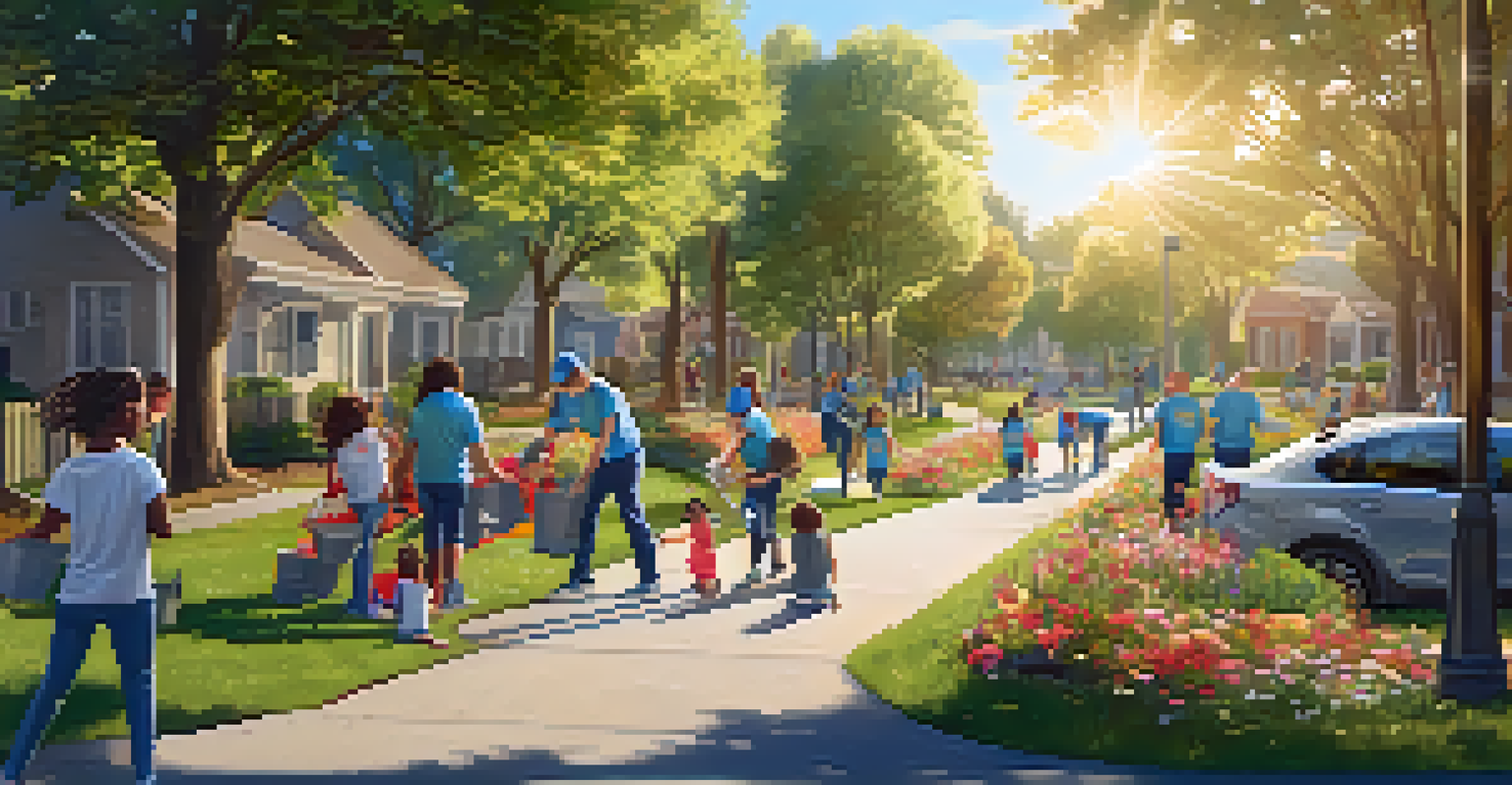 Residents engaging in a volunteer clean-up event in a sunny park, surrounded by greenery.