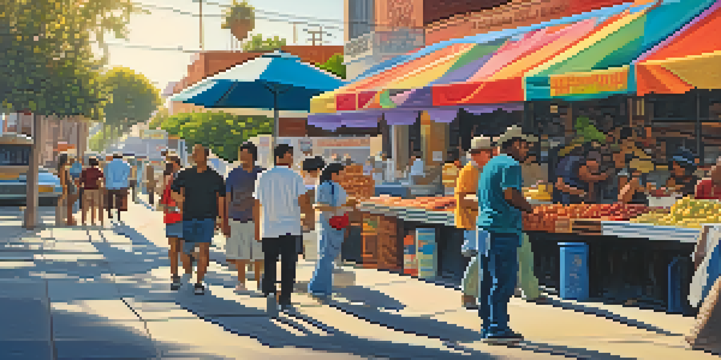 A lively street scene in Los Angeles, featuring colorful murals and street vendors selling tacos, with diverse people interacting under the warm afternoon sun.