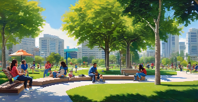 A lively urban park in San Jose filled with people of different ages enjoying various activities, surrounded by trees and modern buildings under a sunny sky.