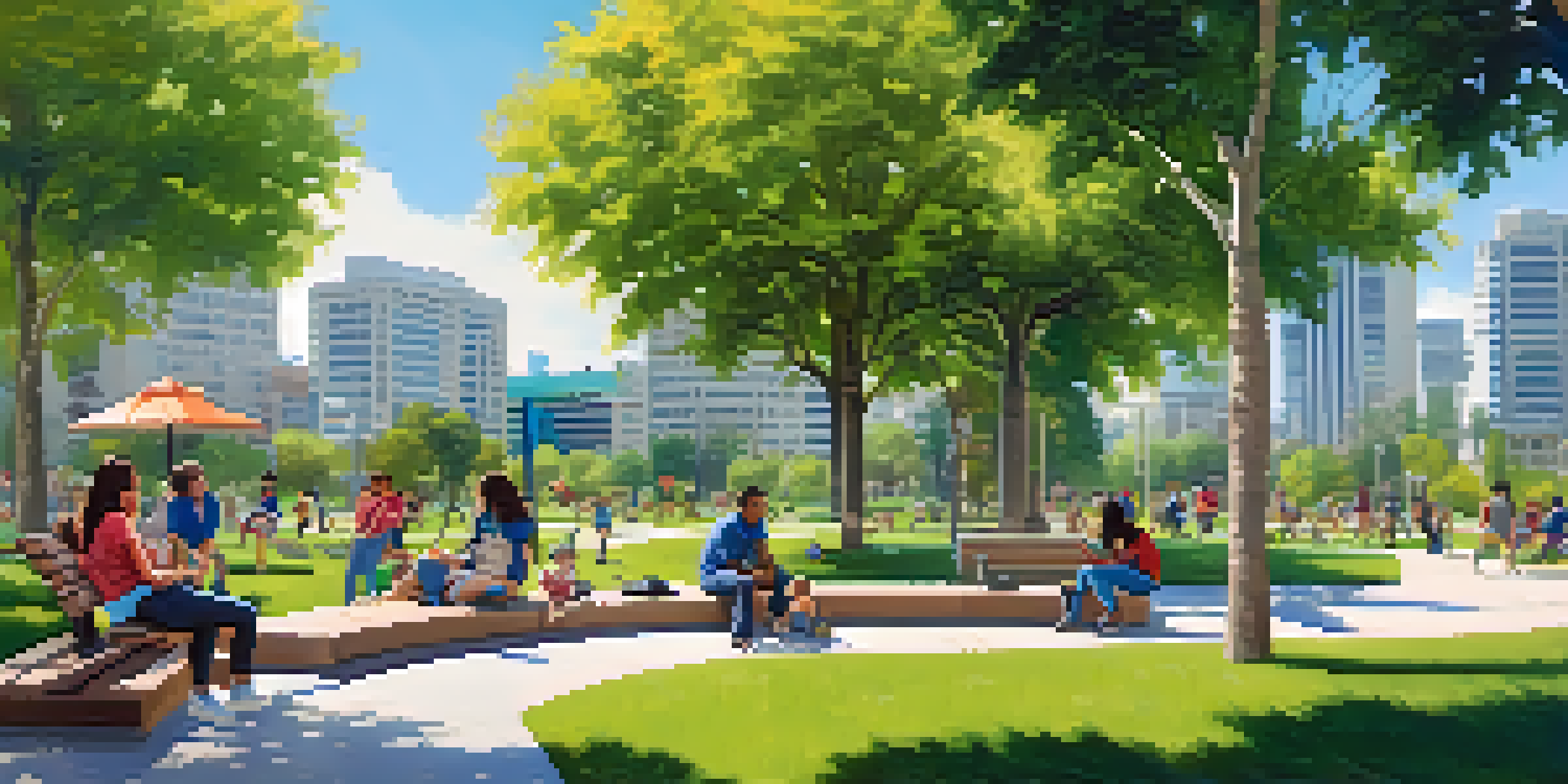 A lively urban park in San Jose filled with people of different ages enjoying various activities, surrounded by trees and modern buildings under a sunny sky.