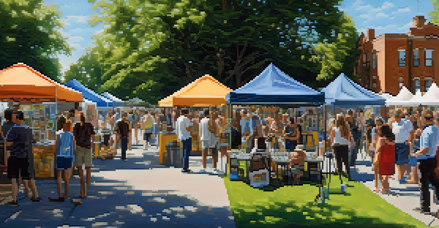 A community art event in a park with artists displaying their work and visitors engaging in activities.