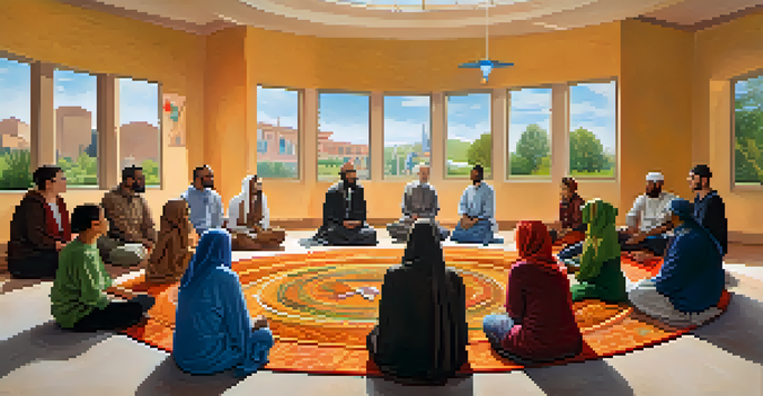 A diverse group of people from various religious backgrounds engaging in a lively interfaith dialogue in a bright community center, with colorful decorations and warm natural light.