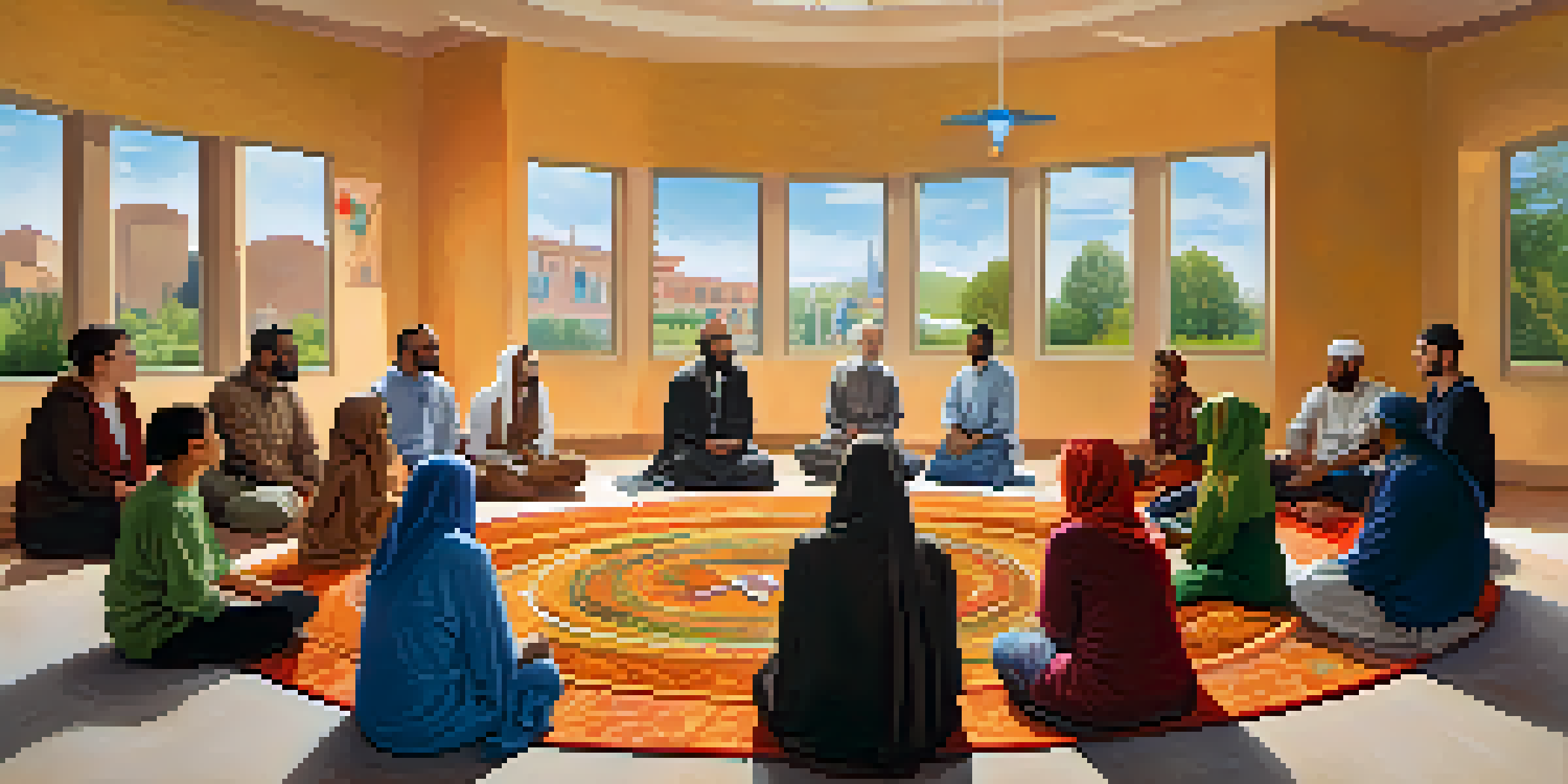 A diverse group of people from various religious backgrounds engaging in a lively interfaith dialogue in a bright community center, with colorful decorations and warm natural light.