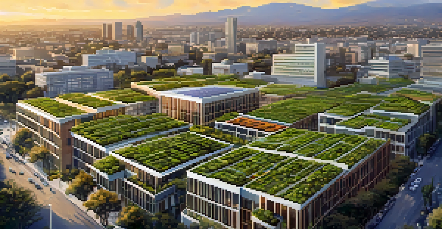 Aerial view of San Jose with green rooftops and solar panels amid a city skyline during sunset.